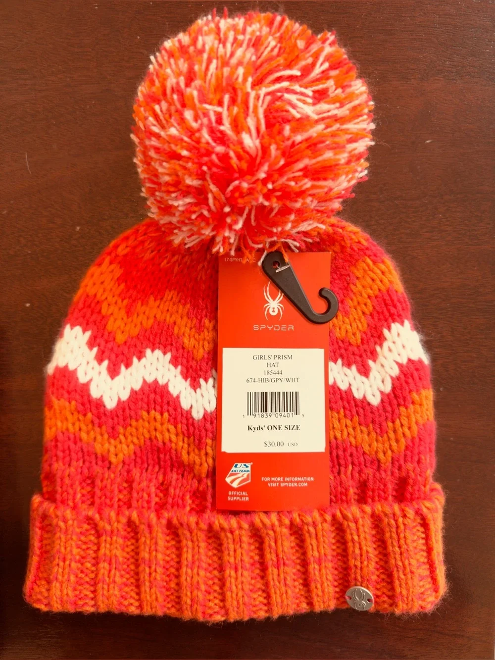 Spyder Girls Prism Beanie Hat Coral Orange White Chevron Pom NWT